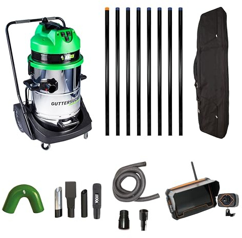 Gutter Sucker GutterSucker Cleaning System (Sucker Pro Platinum Package) -10.5m/34ft Reach with Recordable SurveyCam Inspection Camera 7111345948308, Gutter Vacuum, Silver and Green