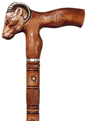 Ram wooden wlking cane stick Carved handle and staff Brown