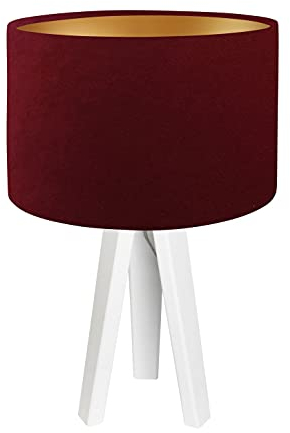 Licht-Erlebnisse Tischlampe AIMEE Bordeaux Gold Weiß Stoff Schirm Holzfuß 46cm hoch Dreibein Tischleuchte Nachttischlampe
