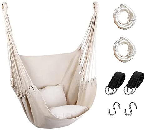 Hängemattenstuhl Hängeseilschaukel, max. 136 kg Hängesessel mit Tasche, hochwertiges Baumwollgewebe für höchsten Komfort und Haltbarkeit, perfekt für Outdoor, Zuhause, Terrasse, Hof (Beige)