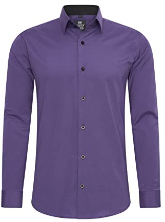Rusty Neal Camicia da uomo di alta qualità, slim fit, a maniche lunghe, elasticizzata, a contrasto, per il tempo libero, Lilla, XL