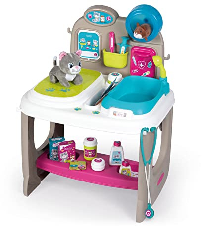 Smoby- Centro Veterinario con Zona de Cuidados y Zona de Baño, Incluye Gatito y hámster de Peluche, 18 Accesorios, Adecuado a Partir de 3 Años
