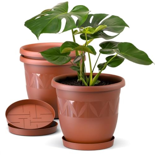 Plastard Blumentopf 3er Set Ø30 cm mit Untersetzer Terrakotta – Pflanzkübel | Witterungs- UV- & frostbeständig, inkl. 24 cm Untersetzer, ideal für Garten, Balkon & Innenbereiche, Deko Pflanztopf 10 Liter