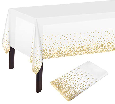PLULON 2Pcs White Gold Dot Tablecloth - White & Gold Table Cover, 137 x 274cm Plastic Rectangle, Party & Birthday Table Decorations