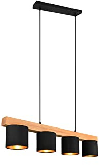 lightling Cameron Pendelleuchte, 4-flammige Hängelampe, Schirm aus Stoff in schwarz gold, Korpus aus Holz, Hängeleuchte Esstisch, Höhe: verstellbar bis 150 cm, Breite: 75 cm, exkl. 4 x E14 max. 28W