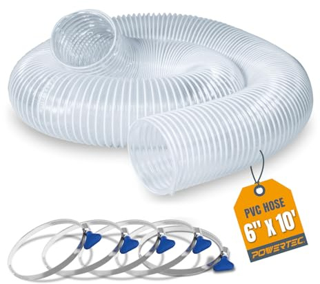 POWERTEC 70371 PVC Dust Collection Hose Kit, 6 x 10 Ft Left Spiral Hose with 5-PC 6 Key Hose Clamps
