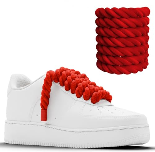 Chunky Laces - Lacci per scarpe rosso ciliegia con Aglets rossi (coppia di 2), corda spessa 10 mm, lunghezza 160 cm, corda macramè Air Force 1, lacci per scarpe da ginnastica in 20 colori, Rosso