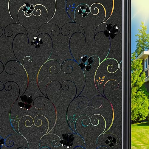 Qualsen Verdunklungsfolie für Fenster Regenbogeneffekt 3D Blumenmuster, Fensterfolie Schwarz 100% Lichtdicht Anti-UV Statische Milchglasfolie Selbstklebend Fenster für Zuhause und Büro, 44.3x200cm