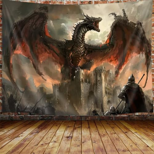 VEIGIKE Cooler mittelalterlicher Drachen-Wandteppich, Fantasie-Tier-roter Drache, Wandbehang für Männer und Jungen, Schlafzimmer, Gothic-Wandteppich, Poster, Decke, Studentenwohnheim, Heimdekoration,