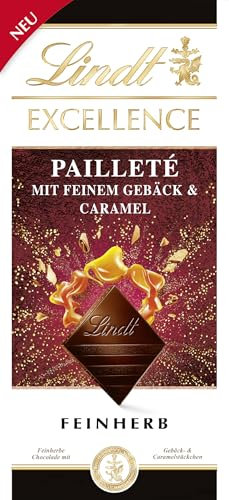 Lindt EXCELLENCE Sequin Pastry Pieces & Caramel - Fine Tart Chocolate | 100 g Bar | With Crunchy Pastries and Cramel | Intense Cocoa Flavour | Dark Chocolate