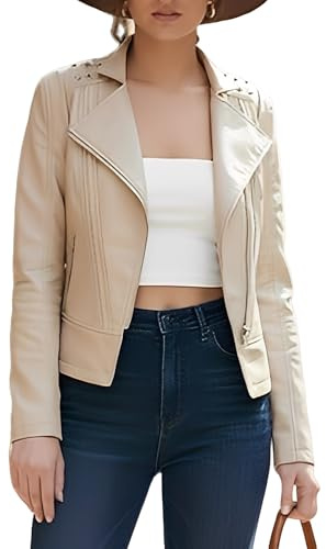 Chaqueta de Cuero Mujer Remaches Moto Corta Cazadora Cremallera chaqueta entretiempo