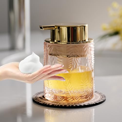 CICUFY Distributeur de Savon en Mousse en Verre pour Cuisine et Salle de Bain, Distributeur de Lotion Rechargeable avec Grande Pompe dorée (Motif Feuille-Rose)