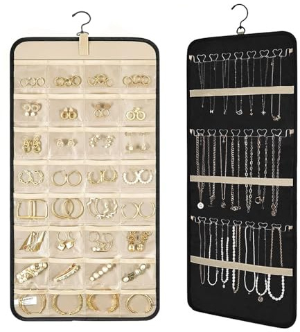 TNSLAND Schmuck Organizer Hängend, Ketten Aufbewahrung Hängend, Schmuckaufbewahrung Doppelseitiger mit Metallhaken, Hanging Jewelry Organizer für Zubehör Ohrringe Halskette an Schrank, Wand, Tür