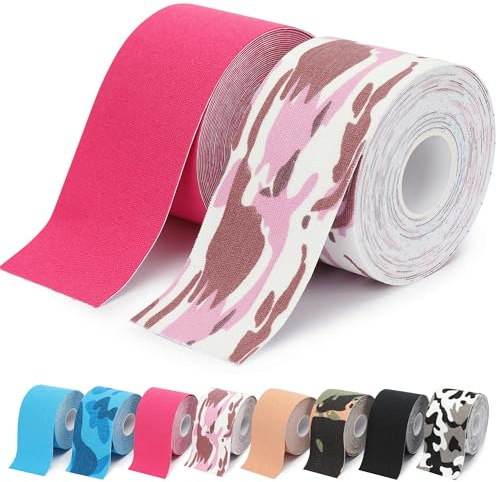Milifox 2 Pack Kinesio Tape Wasserdichtes Physio Tape 5 m x 5 cm Gerolltes elastisches Baumwollband zur Unterstützung von Körpermuskeln und Gelenken,Rosa Tarnmuster
