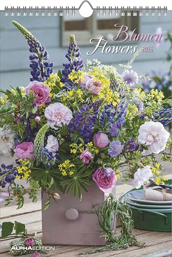 Alpha Edition - Blumen Kalender 2026 – Wandkalender 23,7×34 cm, mit 12 hochwertigen Blumenarrangements, 4-sprachigem Kalendarium & Zusatzinfos, FSC-zertifizierter, für Blumenliebhaber: Flowers