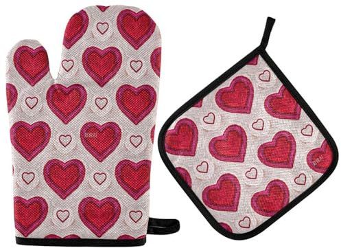 Guanto da forno e presina a forma di cuore retrò color pesca rosso e presina, resistenti al calore, 2 pezzi