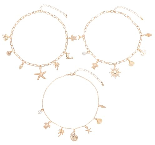 UNICRAFTALE 3Pcs 3 Styles Collier Coquillage Conque Tortue Étoile de Mer Collier à Breloques pour Femme Doré Clair Été Plage Colliers Thème Océan Chaîne Trombone Bijoux Simples et Tendance Cadeaux