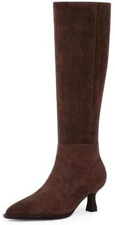 Modatope Kniehohe Stiefel, Kätzchen, niedriger Absatz, Kunstleder, spitzer Zehenbereich, seitlicher Reißverschluss, Herbst, lang, hohe Stiefel für Damen, Schokoladenbraunes Wildleder, 38 EU