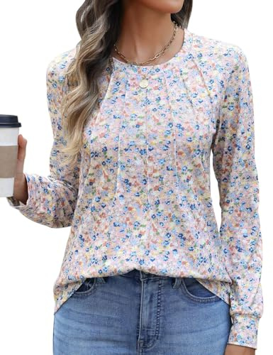 heekpek Womens Long Sleeve T Shirts Crew Neck Pleated Tops Casual Basic T-Shirt Floral Printed Tunic Tops for Spring Autumn Summer, Pink Flowers, M