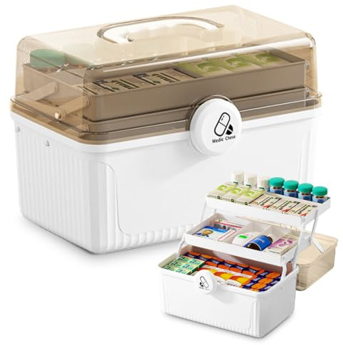 Wapasezyar Medikamenten Aufbewahrung, 3 Etagen Medizinbox, Hausapotheke Box, Medikamenten Organizer mit Griff, Erste Hilfe Koffer, Medikamentenkoffer für Medikamente und Gadgets(30.5x20x21.5cm)