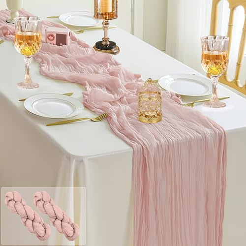Ezvsevuo 2 STK. Tischläufer Rosa 90 x 300 cm - Rustikale Gaze Käsetuch Tischläufer, Boho Dekostoff für Hochzeitsdeko Gartenparty, Brautparty, Geburtstag Deko & Tischdeko (Pastellrosa)