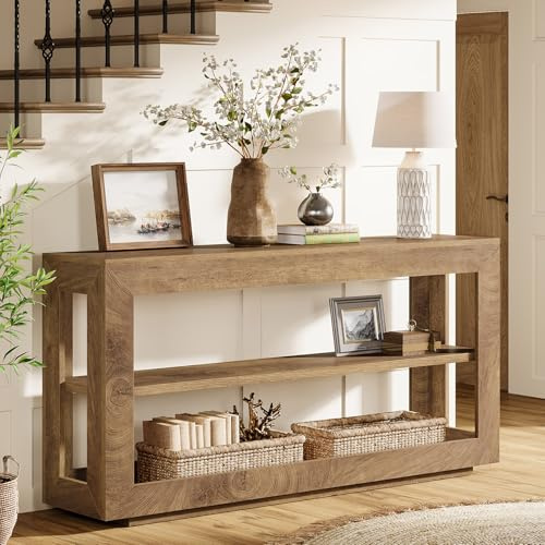 Tribesigns Table console étroite en bois de 160 cm avec 3 étagères - Style maison de campagne - Console pour entrée, salon, salle à manger - Marron