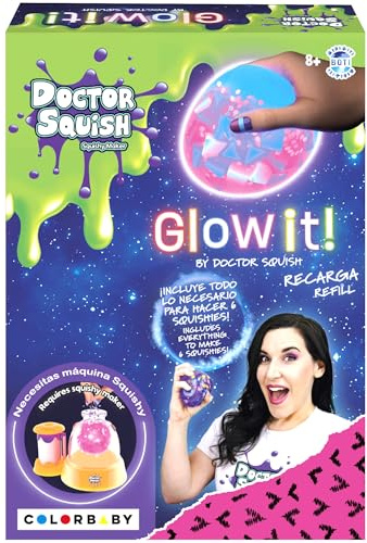 Doctor Squish Ricarica Glow it!, confezione da 6 squishies TPR, 6 clip riutilizzabili, buste polvere, sottili, coriandoli e paillettes, compatibile con macchina Squishy Maker Doctor Squish, da 8 anni