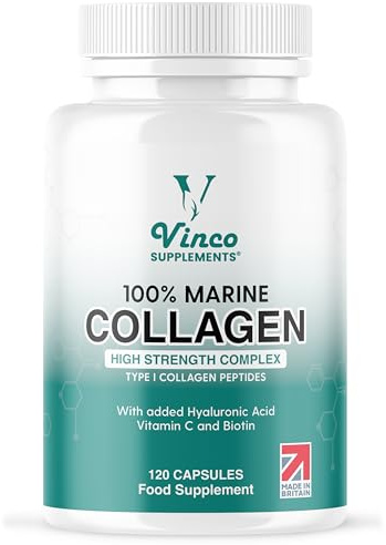 Vinco Pure Marine Collagen Supplements for Men & Women - 100% Marine Type 1 Hydrolysed Collagen Peptides Enhanced with Biotin, Hyaluronic Acid & Vitamin C - Essential Amino Acids - 120 Capsules