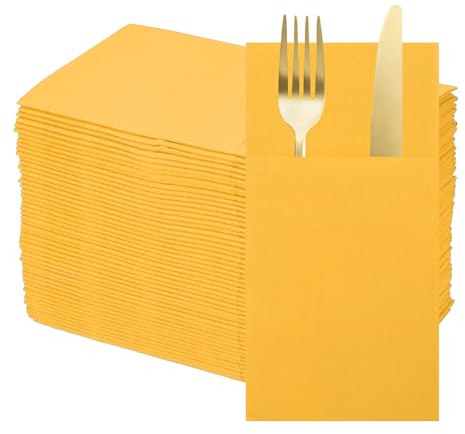 QUARKZMAN 50 Stück Einweg-Servietten Aus Leinenoptik Mit Eingearbeiteten Besteck-Taschen Papierservietten Für Messer Und Gabeln Handtücher Für Hochzeitsfeier Gelb