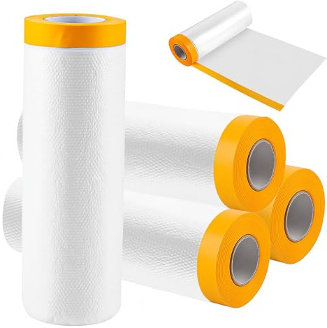 Kisizity 4 Rolls Pre-Taped Masking Film, 270cm x 20m Drop Film Pre-Taped, Masking Film Rolls with Self-Adhesive Tape, Transparent Plastic Dust Sheet Rolls for Floor, Sofa, Car and Painting