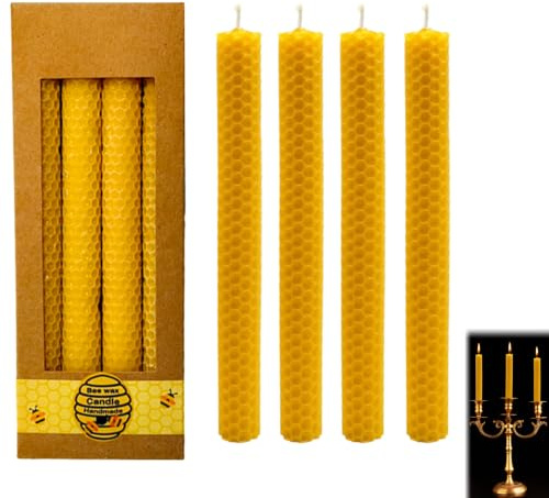 4Pcs Beeswax Candles Set – Yellow Candle Sticks, Handmade Natural Dinner Candles – Honeycomb Texture, Eco Friendly, Long Burning for Dinner Table, Meditation, Camping, Any Indoor Decoration