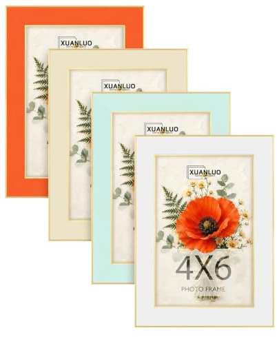 XUANLUO 6x4 Picture Frames Set of 4, 15x10cm Modern Picture Frames | Wall or Tabletop Display,Home & Office Decor,HD Plastic Cover,Orange,Light Blue,Light Yellow,White