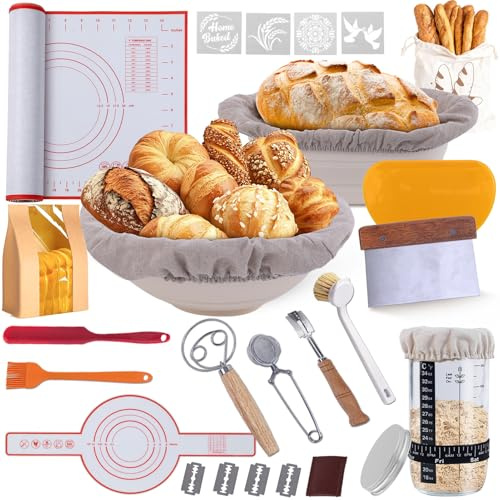 Komplettes Gärkörbchen Sauerteig Starter Set, 2 Gärkorb Brot Backen Kit | 730ML Sauerteig Glas Set, Brotbackzubehör kit, Brot Backen Zubehör für Anfänger, Erfahrener Bäcker