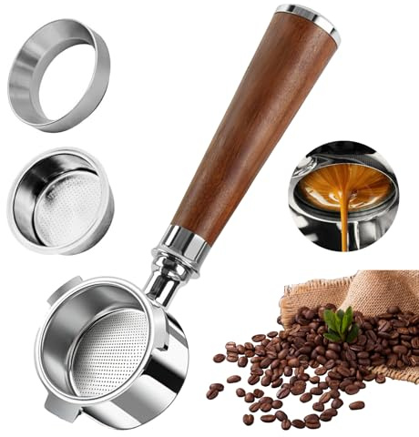 Porte-filtre Sans Fond de 51mm pour DeLonghi EC680 EC685 EC885 EC890 | 3 Oreilles Porte-filtre 51 mm, avec Poignée en Bois de Noyer et Entonnoir de Dosage, Accessoires pour Machine à Expresso
