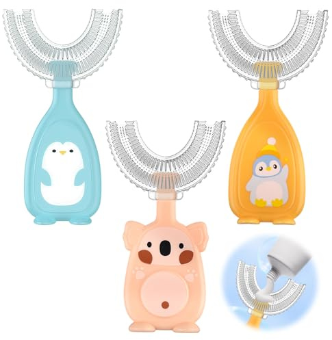 3 cepillos de dientes en forma de U para niños de 2 a 6 años, cerdas de silicona suave, limpieza oral de 360° para masaje de encías, fácil de sostener, colores mixtos, naranja, azul y rosa