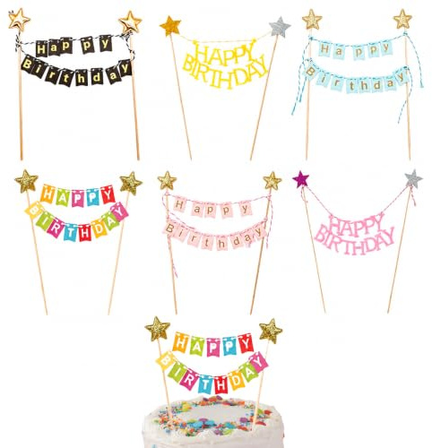 Rtyuio Happy Birthday Tortendeko 6 Stück Kuchentopper Kuchendeko Geburtstag | Mini Girlande Happy Birthday, Kuchen Dekoration, Regenbogen Tortendeko Set, Lebensmittelechte Bambusspieße