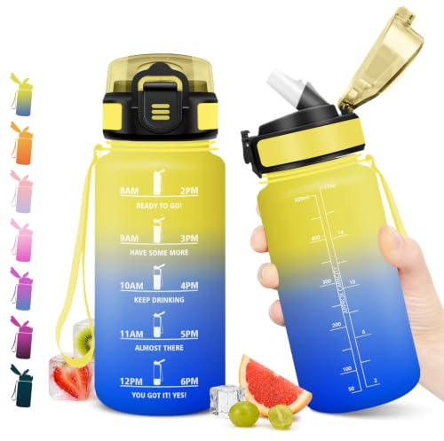 JAPORIA Botella Agua Gimnasio 500ml, Marcador de Tiempo, Cantimplora con Pajita, Reutilizable, Prueba de Fugas, Botella para Bebidas Carbonatadas, Senderismo, Bicicleta, Escuela, Camping, Parque