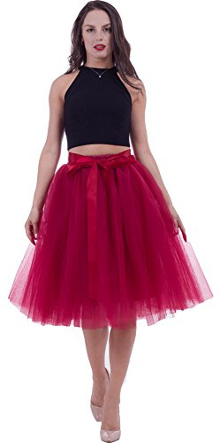 SCFL Jupe Tutu Femme Jupe Midi Tulle 7 Layers Petticoat Underkirt avec ceinture élastique pour fête de mariage, Weinrot, Taille unique