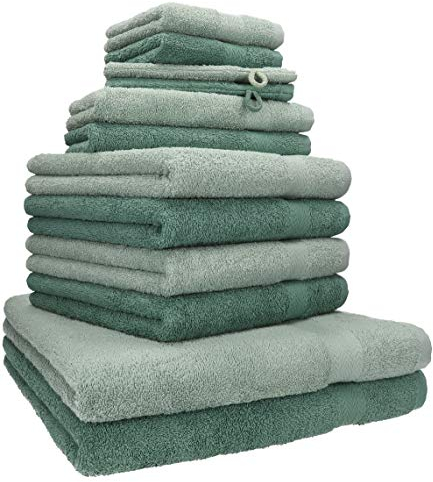 Betz Premium Handtuch-Set 12-teilig – 100% Baumwolle – Oeko-TEX® Zertifiziert – hohe Grammatur – Duschtücher, Handtücher, Gästetücher & Waschhandschuhe - Farbe heugrün/tannengrün