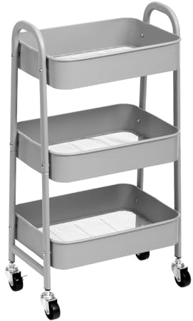 AGTEK 3 Tier Utility Rolling Cart with Lockable Wheels, Metal Multifunctional Storage, Organizer Cart for Kitchen, Office, Living Room, Makeup, Craft, Art Studio, Grey