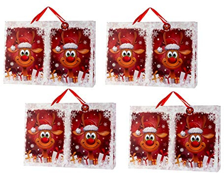 4 Stück XXL Geschenktüte Quer Weihnachten Lustiges Rentier 72 x 50 cm Geschenkttasche Weihnachtstüte
