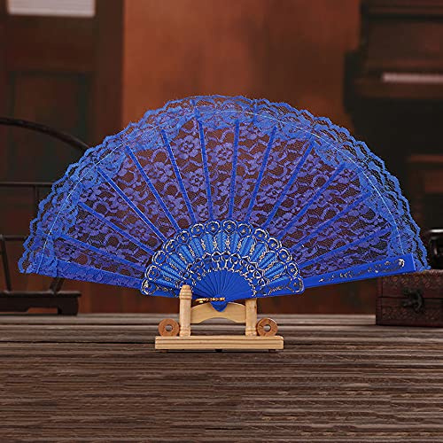 Damen Handfächer Stofffächer,Hochzeitsfächer Spitze,Vintage Spanische Barock Viktorianischen Sommer Faltfächer für Hochzeiten Geburttag Party Kostüm Halloween Karneval Fasching Tanzen Hand Fan,Blau