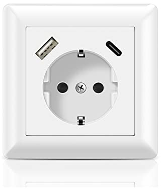 Kaifire Schutzkontakt Schuko Steckdose mit USB Anschluss und Typ C (Max.3.4A) System 55 Reinweiß Unterputz Wandsteckdose Passt in Standard Unterputzdose, für Smartphone