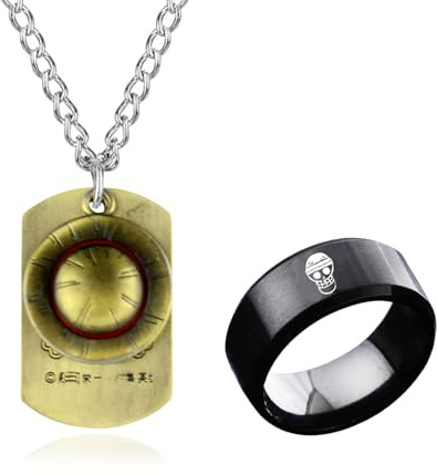 UoYu Anime OP. Juego de joyas Rufffy Collar con colgante de paja, sombrero pirata, anillo de esqueleto, 2 piezas