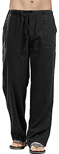 heekpek Pantalon de Lino y Algodon Pantalones de Lino Hombre Verano Respirable Pantalones Rectos Ligeros de Verano para Hombre con Bolsillos, Negro, M