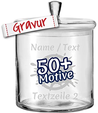 LALALO LEONARDO Vorratsglas/Vorratsdose mit Gravur personalisiert für Süßigkeiten und Kekse, Keksdose/Keksglas graviert, Plätzchendose/Bonbonglas 17x15 cm