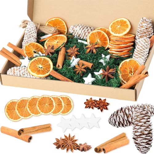 107 Stück Natur Dekoration Weihnachtsdeko Adventskranz, Potpourri Weihnachten mit Tannenzapfen, Zimtstangen, Getrocknete Orangenscheiben, Sternanis, Moos, Juteschnur, und Pentagramm Bastelset