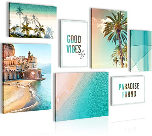 Novart Wandbilder Strand Meer Palmen - KOMPLETT AUFHÄNGFERTIG - Blau Grün Travel Wohnzimmer Schlafzimmer - 7 Moderne Mood-Bilder - N012071a