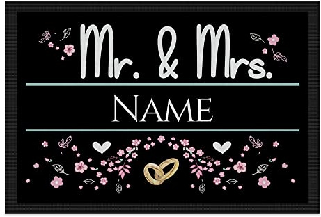 Print Royal Personalisierte Fußmatte mit Namen - Mr und Mrs mit Blumen und Ringe - Geschenke zum Einzug | rutschfest, 60x40cm mit Gummirand