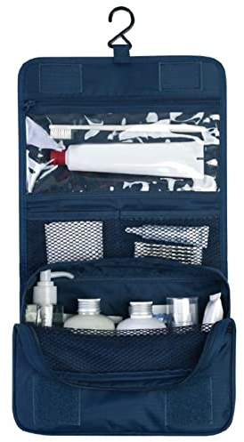 TOPINCN Trousse de Toilette, Trousse de Toilette Suspendue Trousse de Maquillage Pliable Trousse de Maquillage avec Crochet et Fourre-Tout Bleu Marine 24x18.5x9.5cm pour Voyage